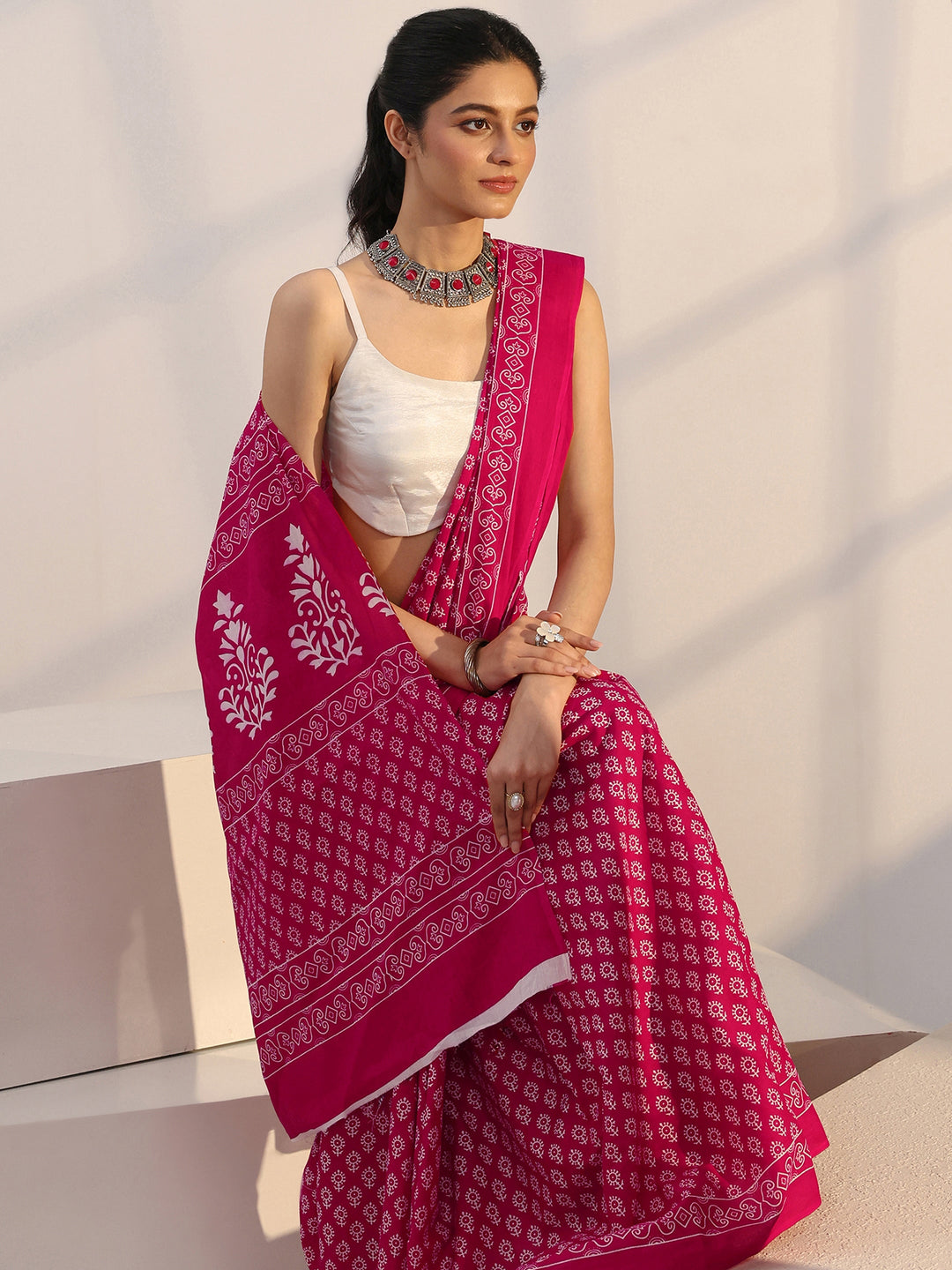 Pink Bagru Printed Cotton Saree