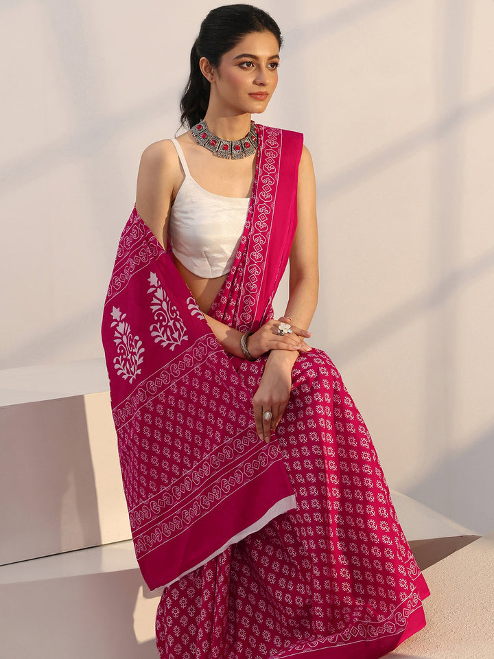 Libas Pink Bagru Printed Cotton Saree