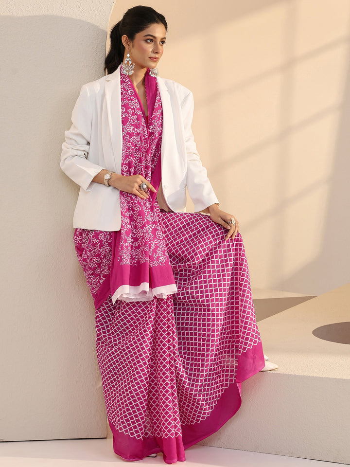 Libas Pink Floral Print Cotton Saree