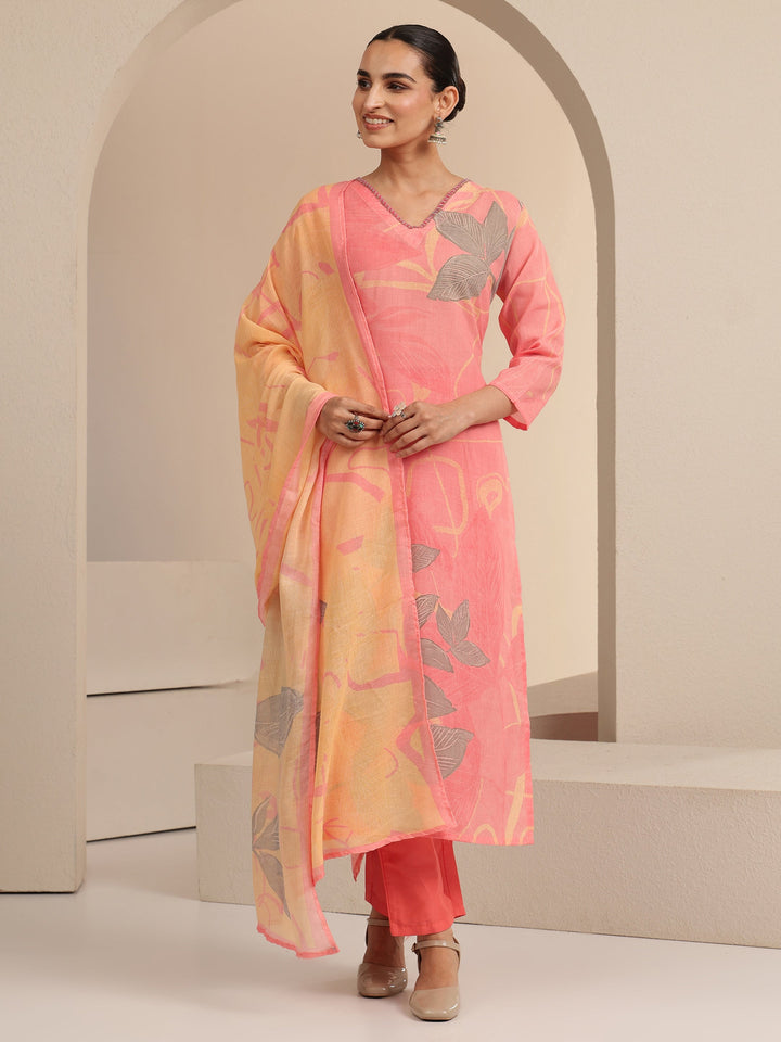 Libas Pink Floral Printed Cotton Straight Suit Set