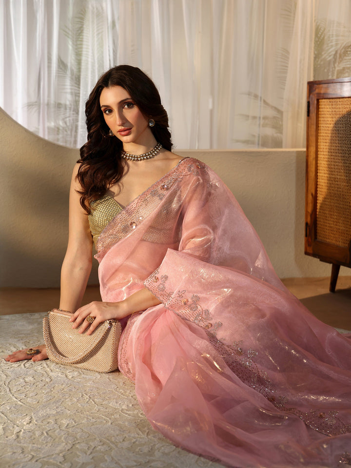 Libas Pink Floral Tissue Saree with Embellished Border