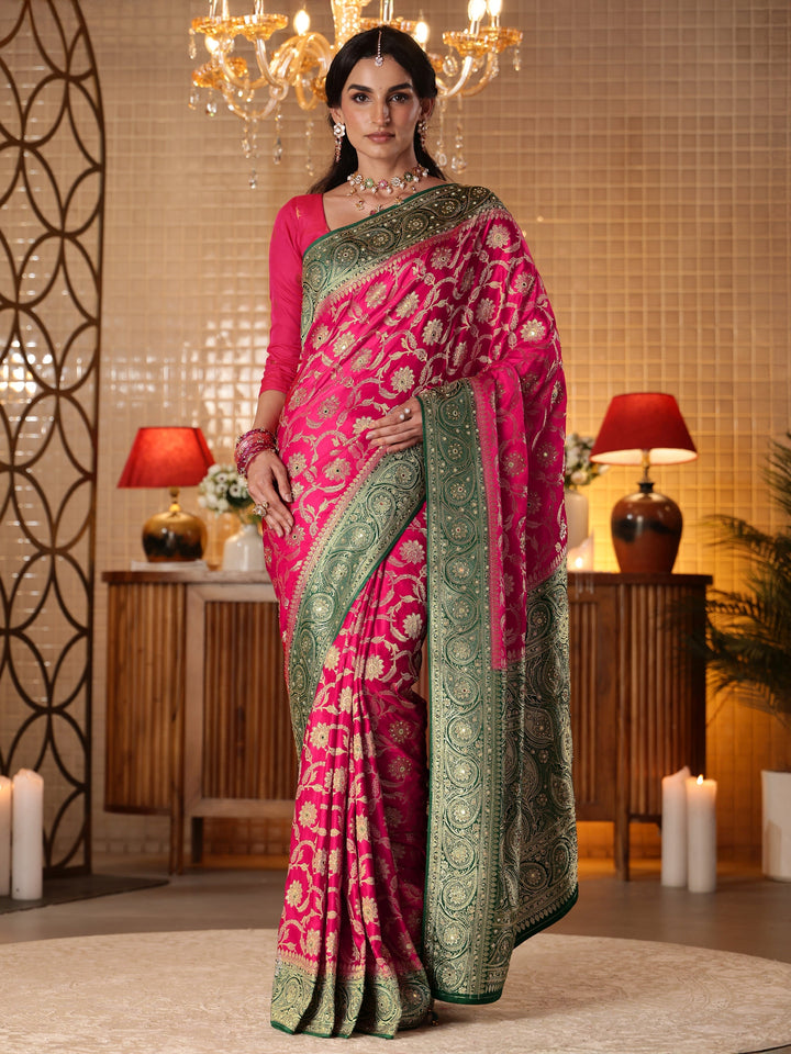 Pink Floral Woven Design Silk Blend Saree