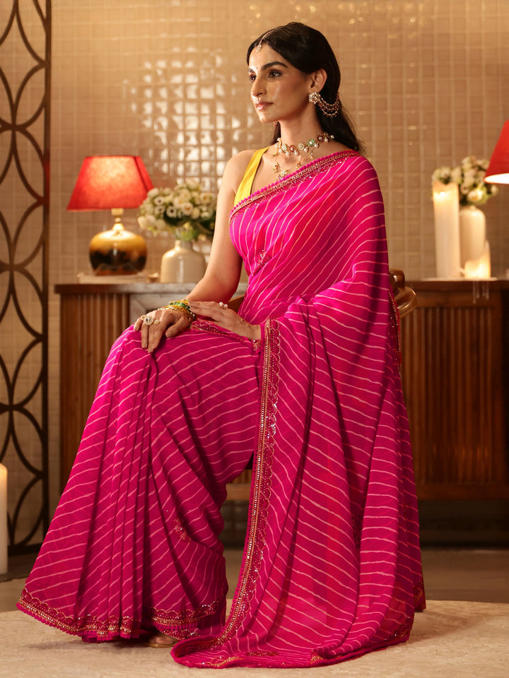 Libas Pink Leheriya Printed Georgette Saree