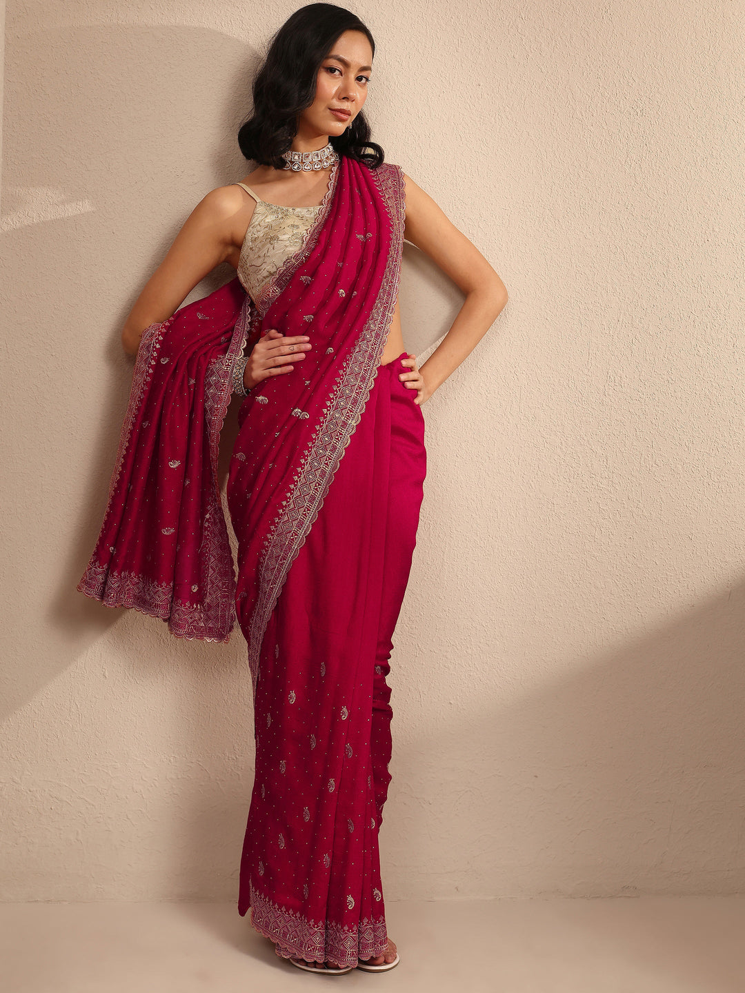 Pink Paisley Embroidered Silk Blend Saree With Unstitched Blouse Piece