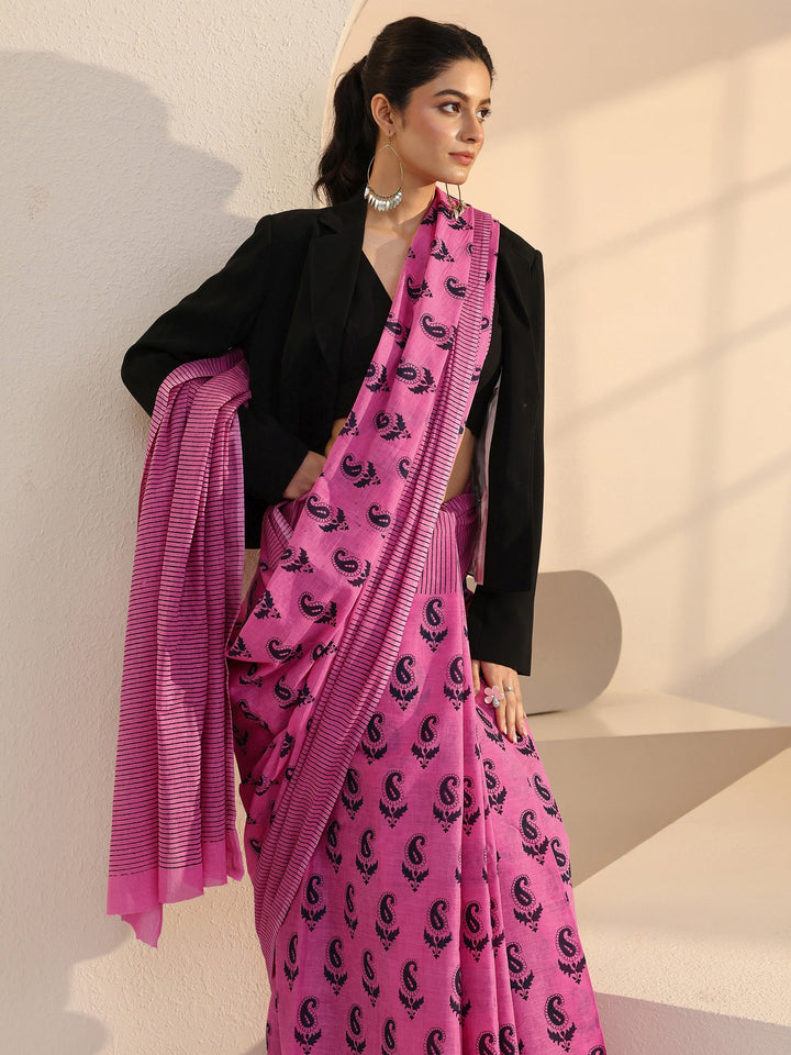 Libas Rose Pink Paisley Print Cotton Saree