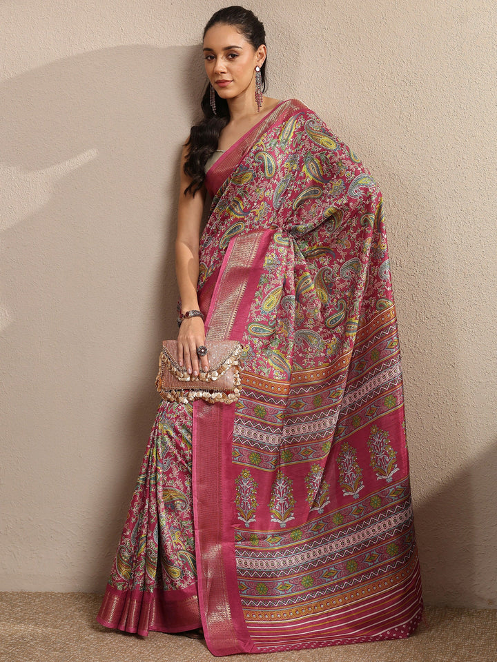 Pink Paisley Printed Silk Blend Saree With Unstitched Blouse Piece