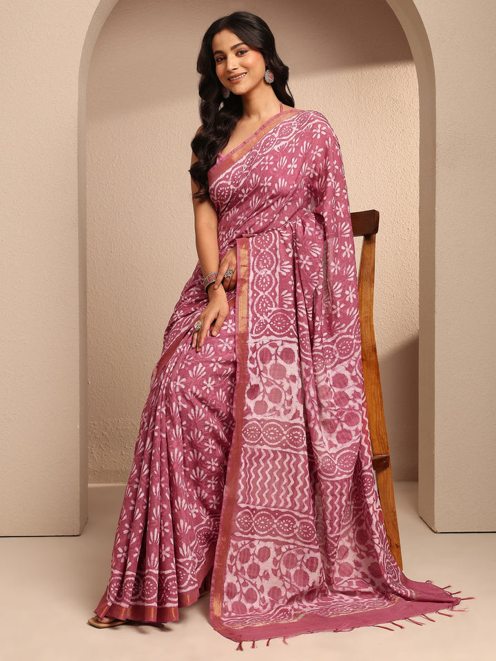 Pink Printed Cotton Saree With Unstitched Blouse Piece