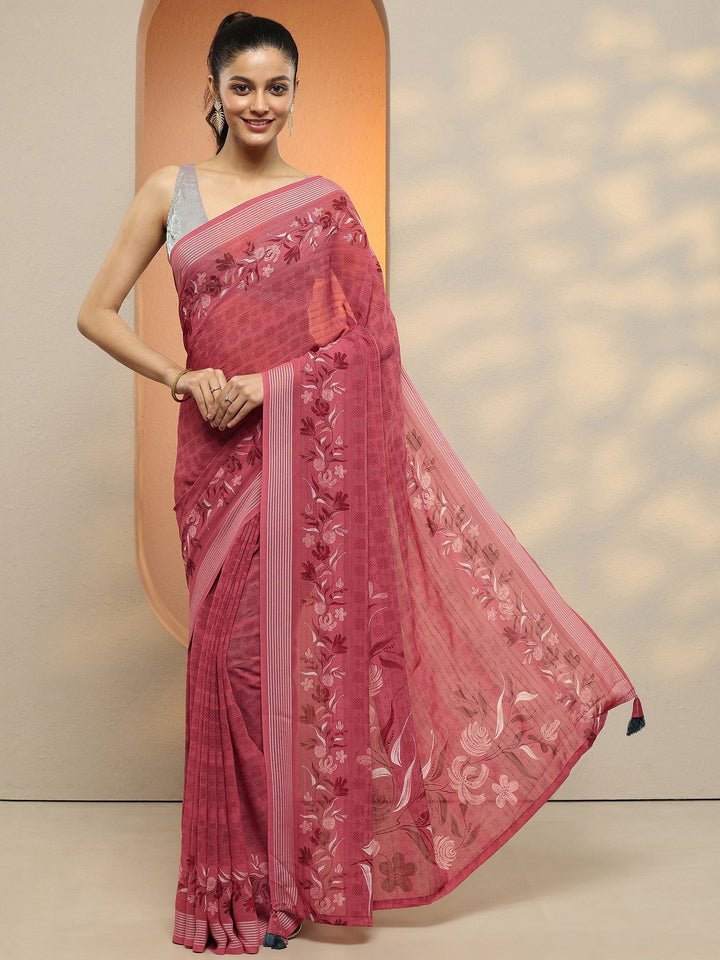 Pink Printed Georgette Saree With Unstitched Blouse Piece
