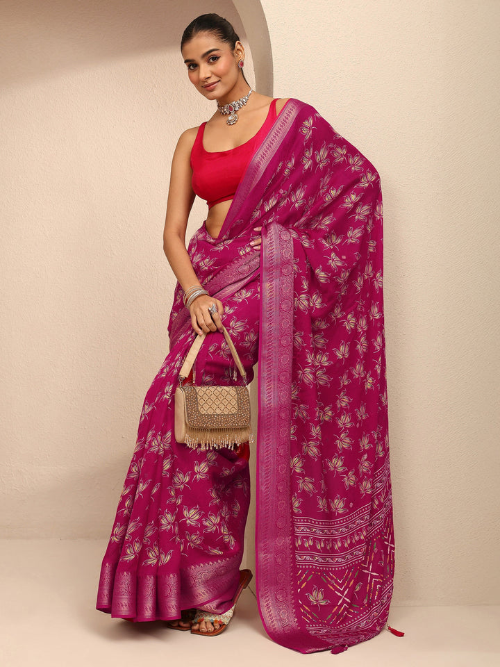 Pink Printed Silk Blend Saree With Unstitched Blouse Piece