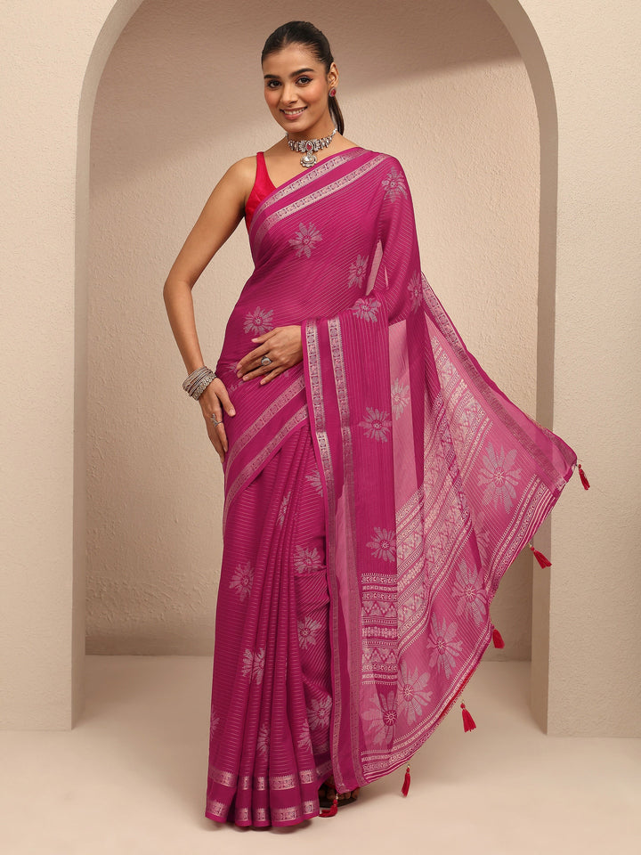 Pink Printed Silk Blend Saree With Unstitched Blouse Piece