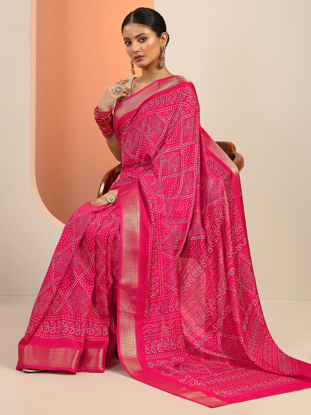 Libas Pink Printed Silk Blend Saree With Unstitched Blouse Piece
