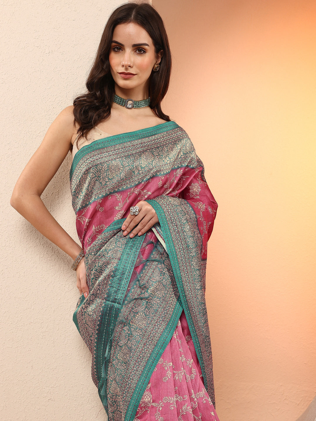 Pink Printed Silk Blend Sarees With Unstitched Blouse Piece