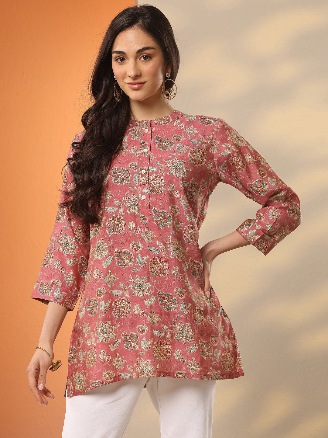 Pink Printed Silk Blend Straight Short Kurti