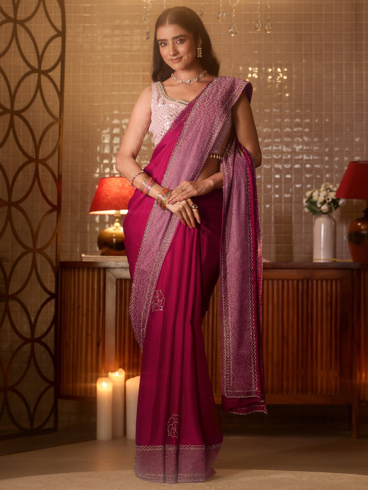 Libas Pink Solid Chiffon Saree