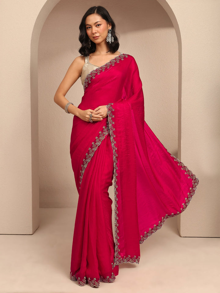 Pink Solid Silk Blend Saree With Unstitched Blouse Piece
