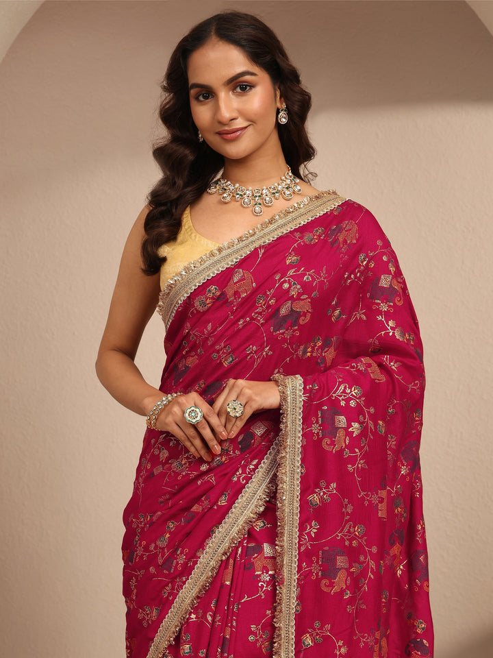 Pink Tribal Printed Silk Blend Saree With Unstitched Blouse Piece
