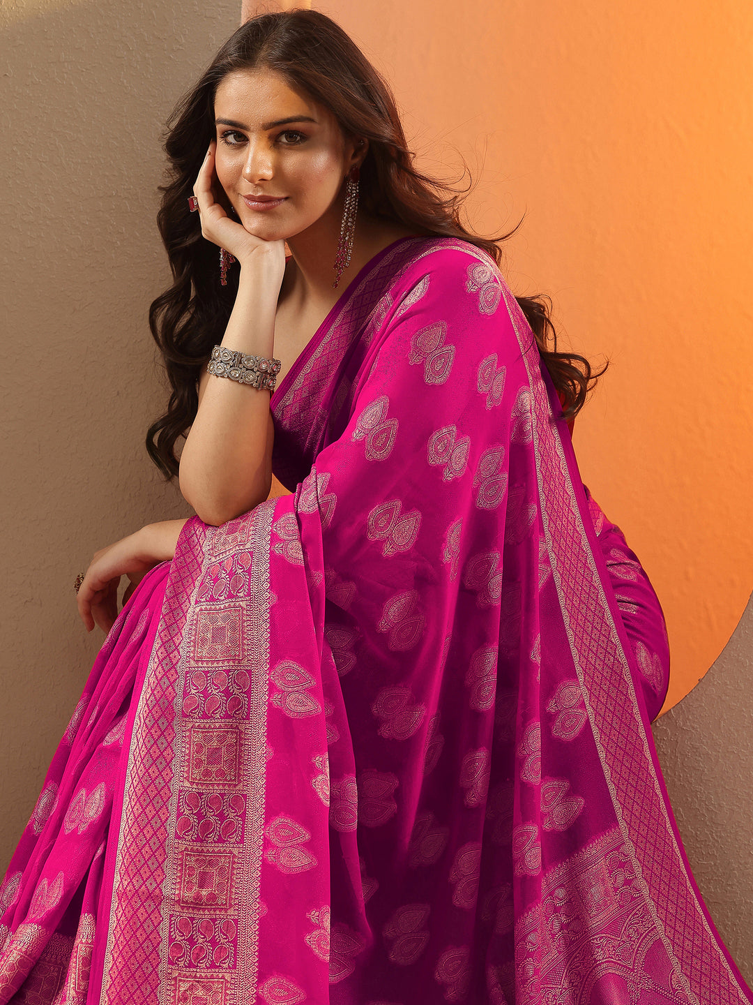 Pink Woven Design Pure Georgette Saree With Unstitched Blouse Piece