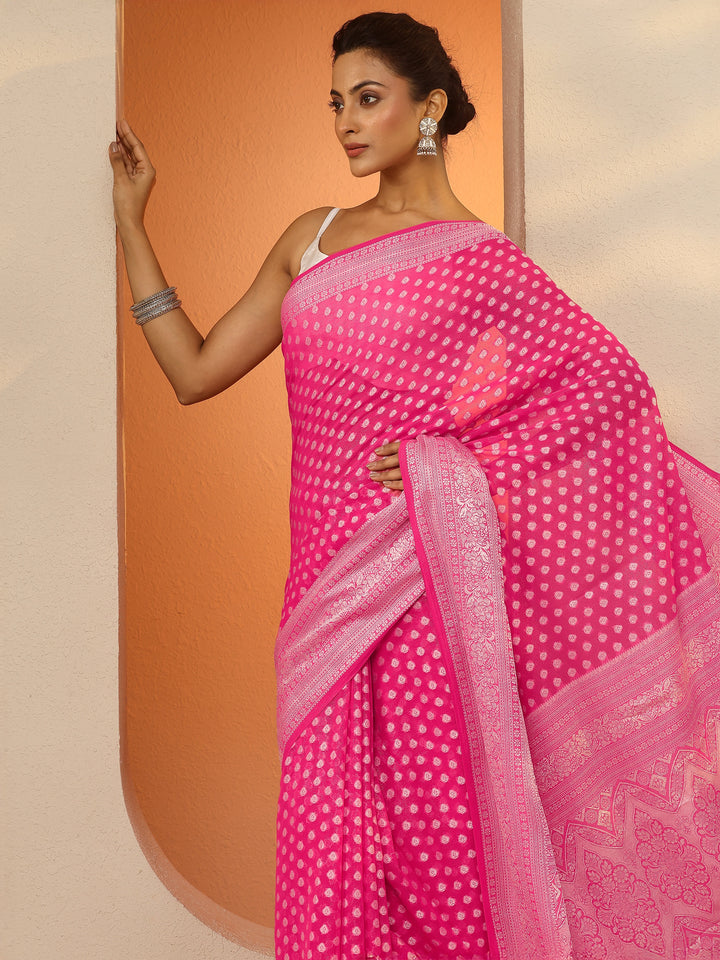 Pink Woven Design Pure Georgette Saree With Unstitched Blouse Piece