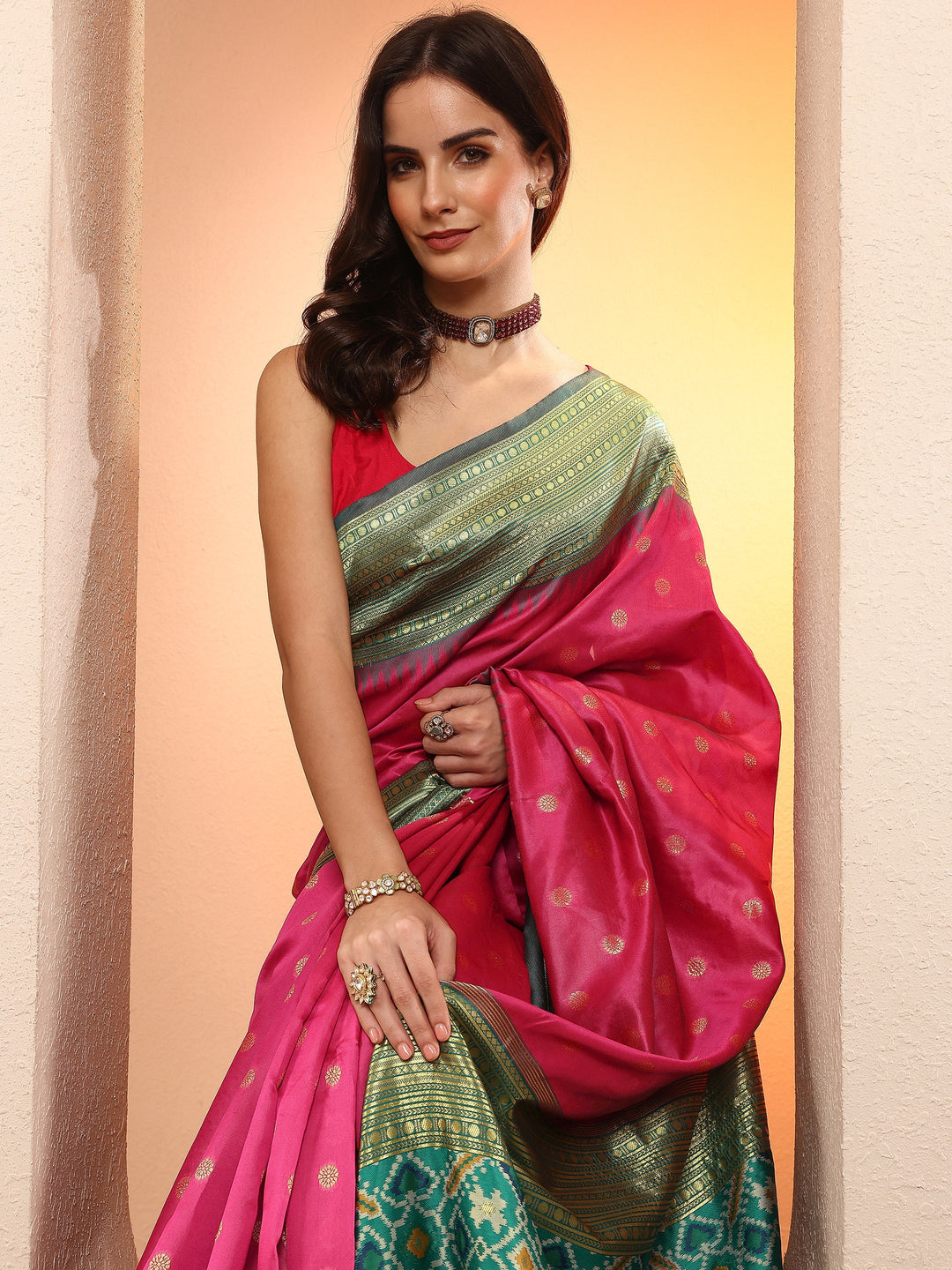 Pink Woven Design Silk Blend Sarees With Unstitched Blouse Piece