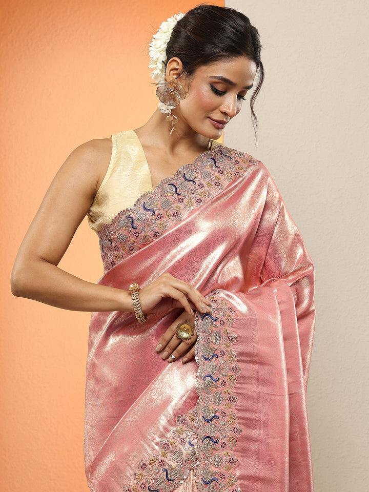 Pink Woven Design Silk Blend Sarees With Unstitched Blouse Piece