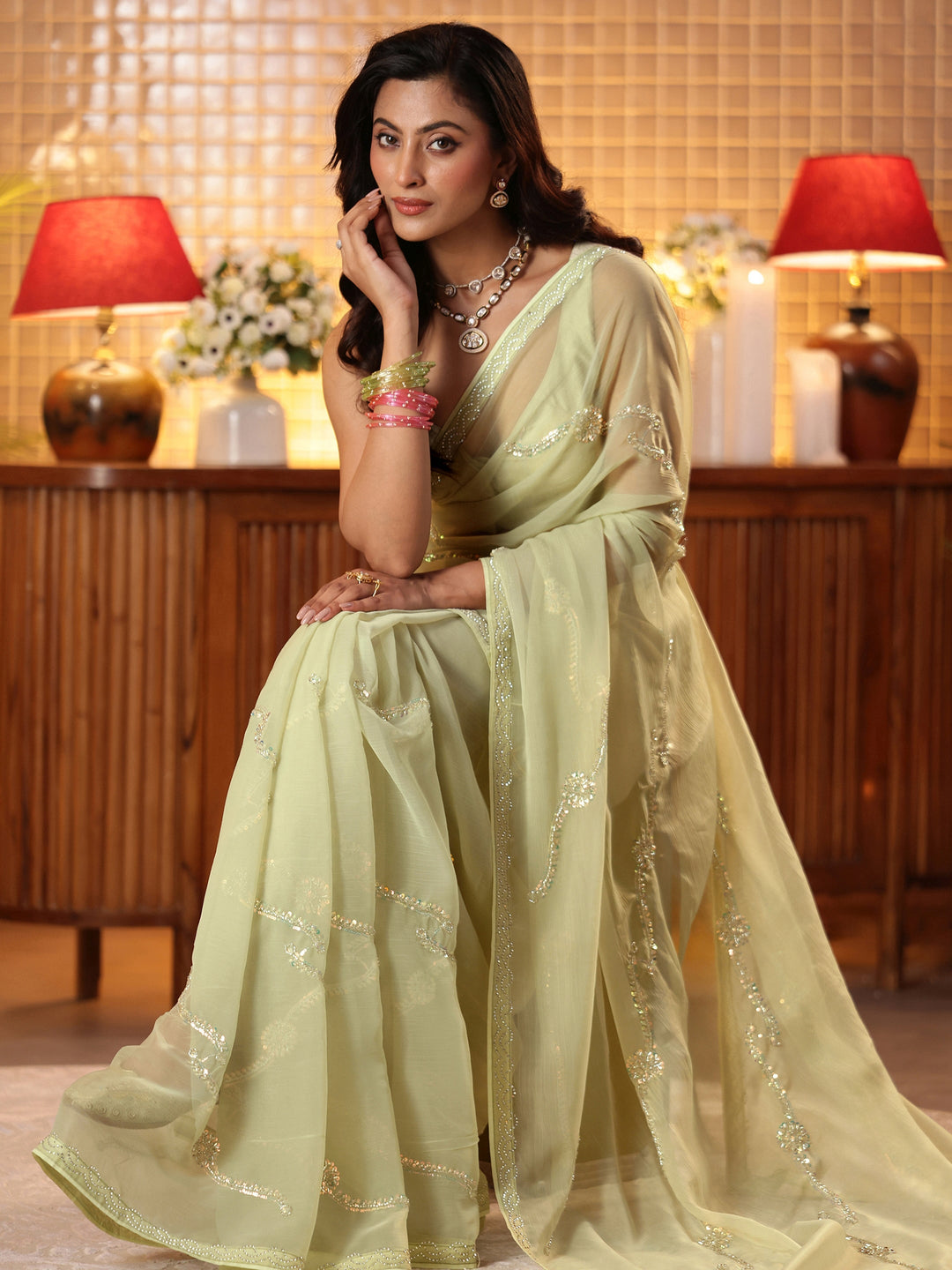 Pista Green Floral Embellished Silk Blend Saree