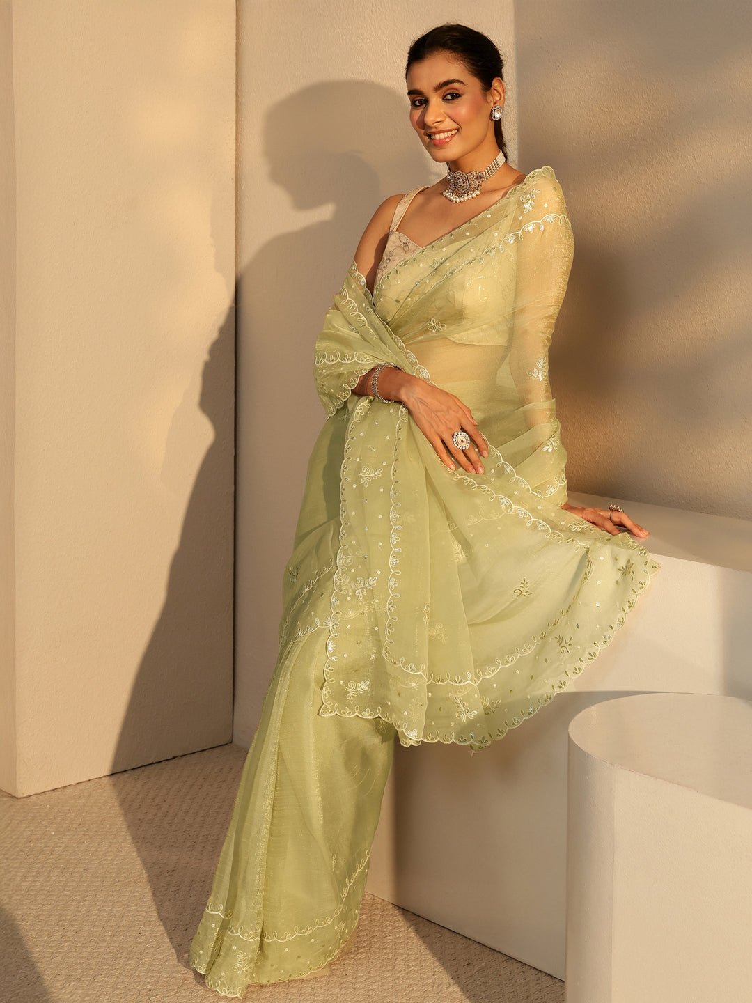 Pista Green Floral Embroidered Tissue Saree