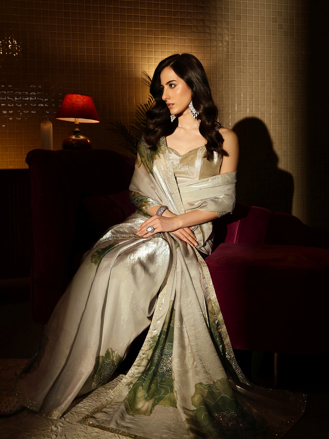 Pista Green Floral Printed Tissue Saree