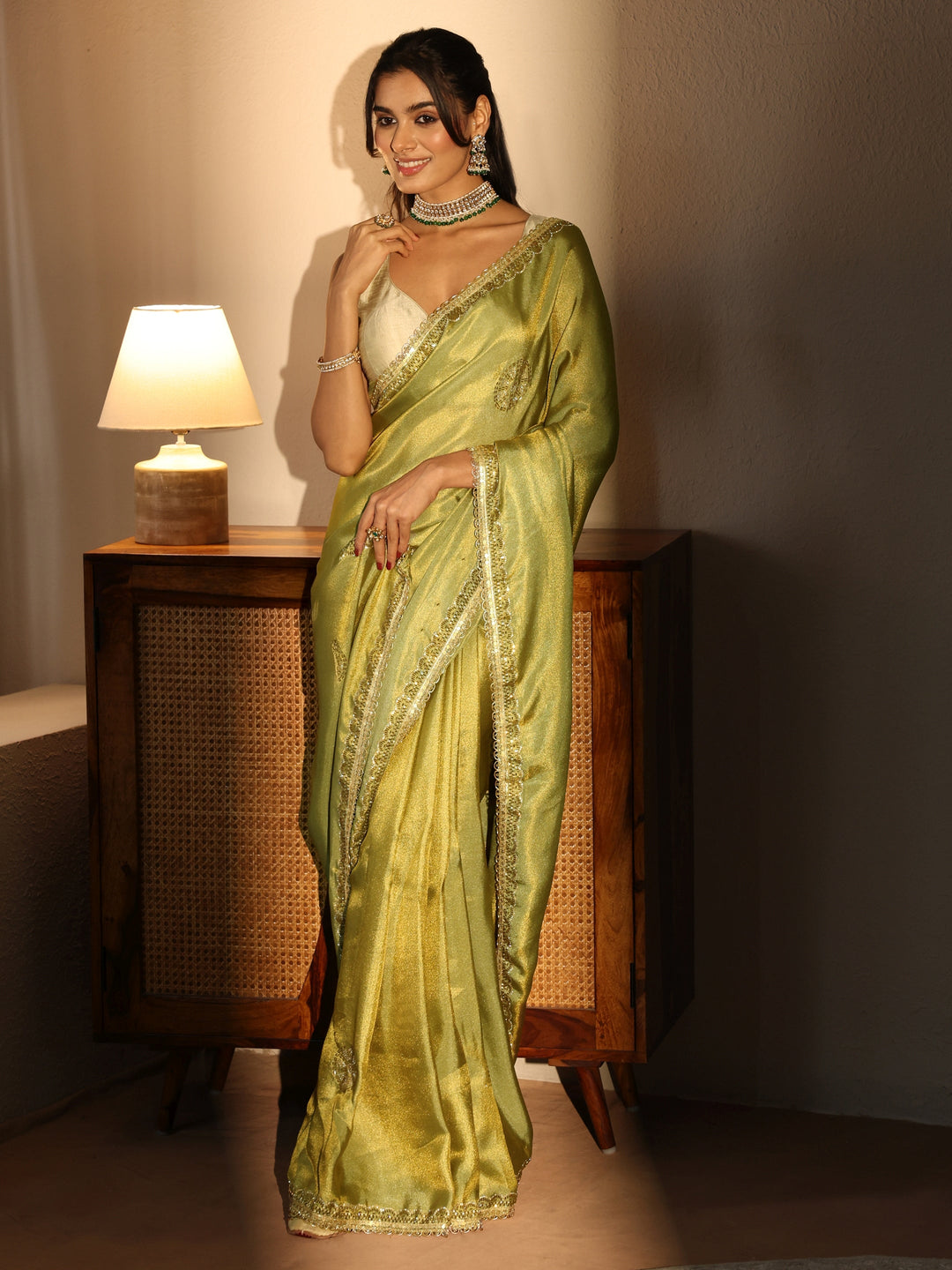 Pista Green Embellished Silk Blend Saree