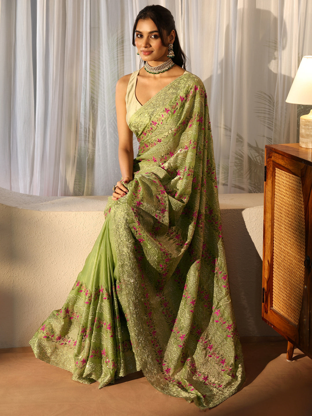 Pista Green Floral Embroidered Tissue Saree