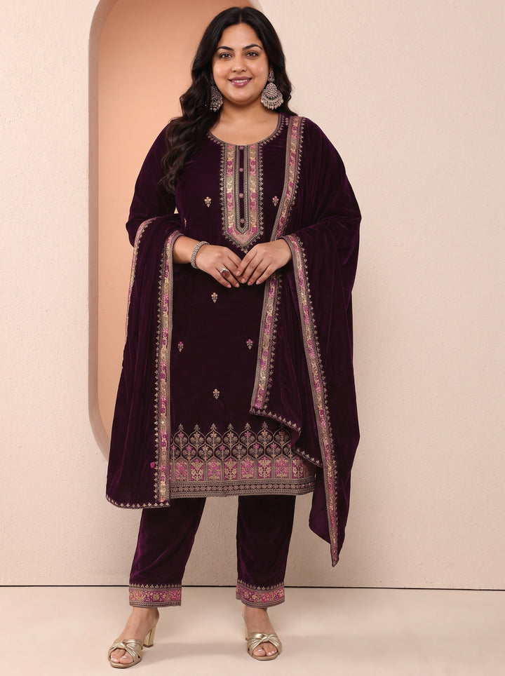 Plus Size Art Burgundy Embroidered Velvet Straight Suit Set With Dupatta