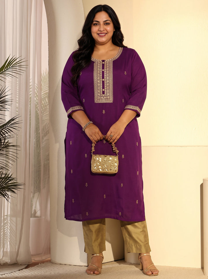 Plus Size Aubergine Purple Floral Embroidered Silk Blend Straight Kurta