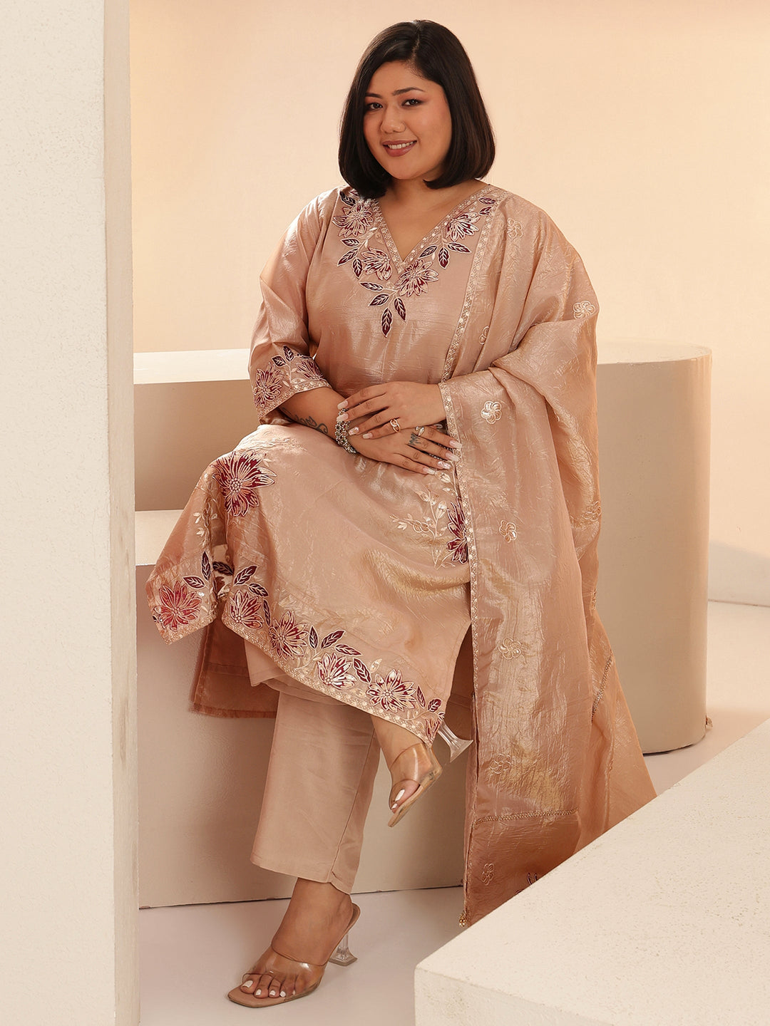 Plus Size Beige Embroidered Organza Straight Suit Set With Dupatta