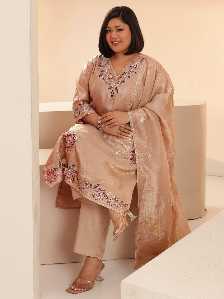 Plus Size Beige Embroidered Organza Straight Suit Set With Dupatta