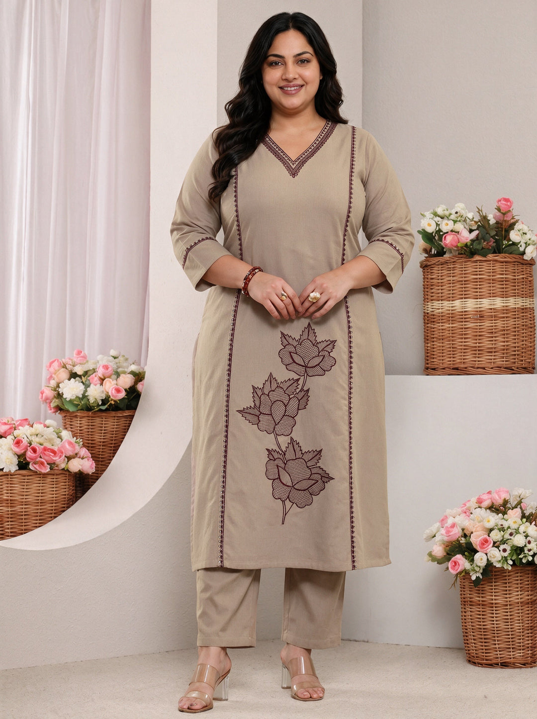 Plus Size Beige Floral Embroidered Cotton Straight Suit Set