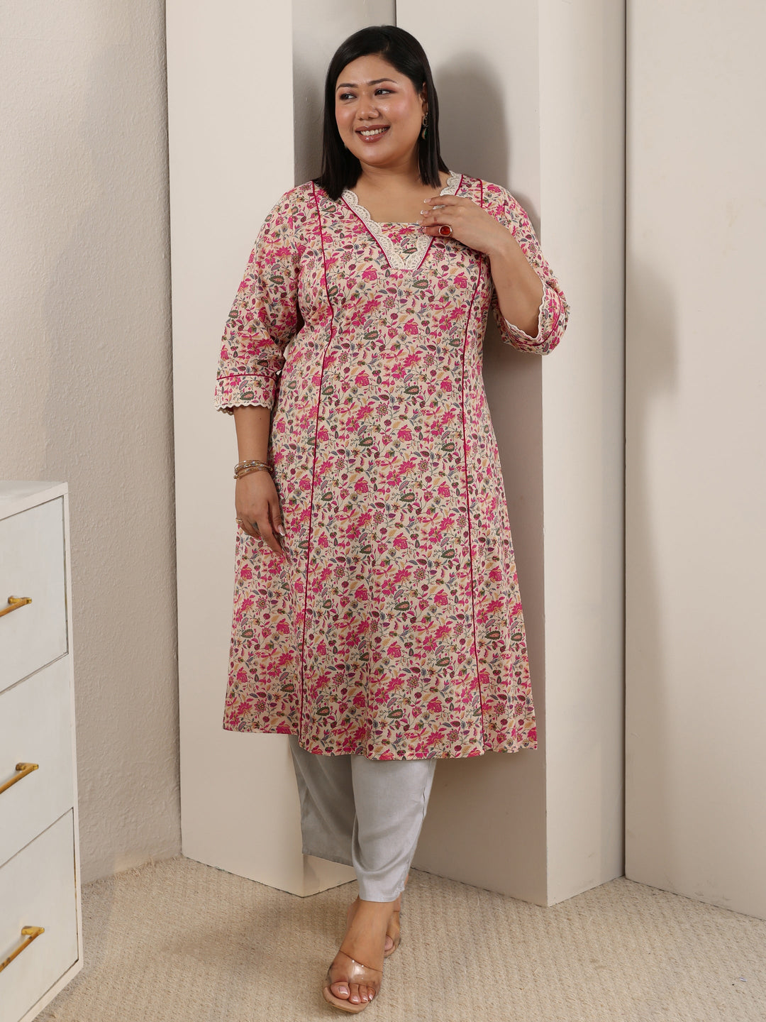 Plus Size Beige Floral Printed Cotton A-Line Kurta