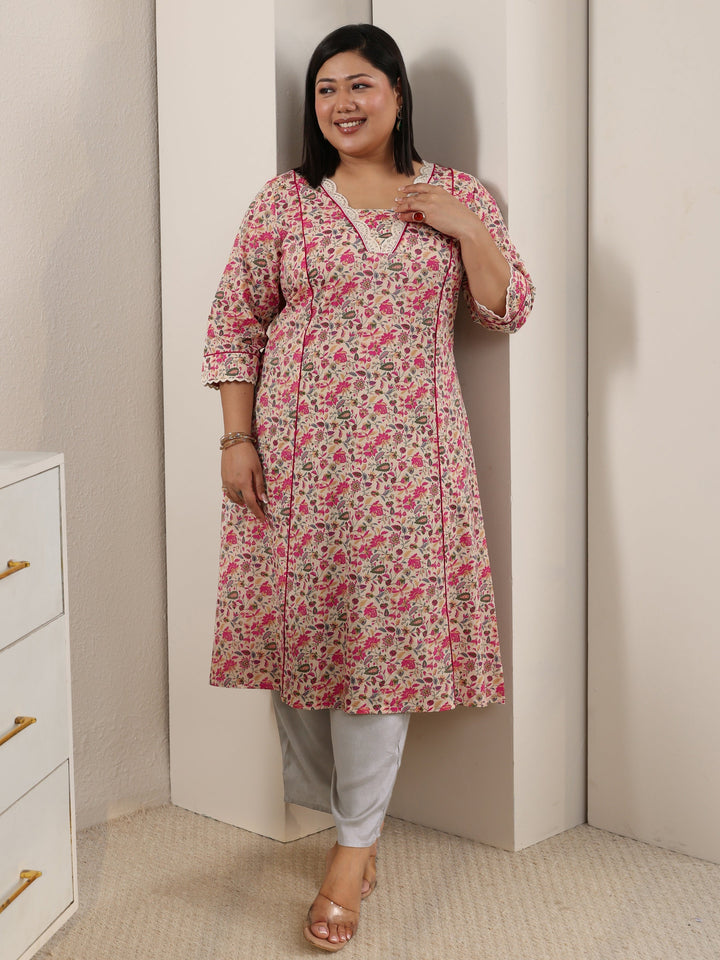 Plus Size Beige Floral Printed Cotton A-Line Kurta