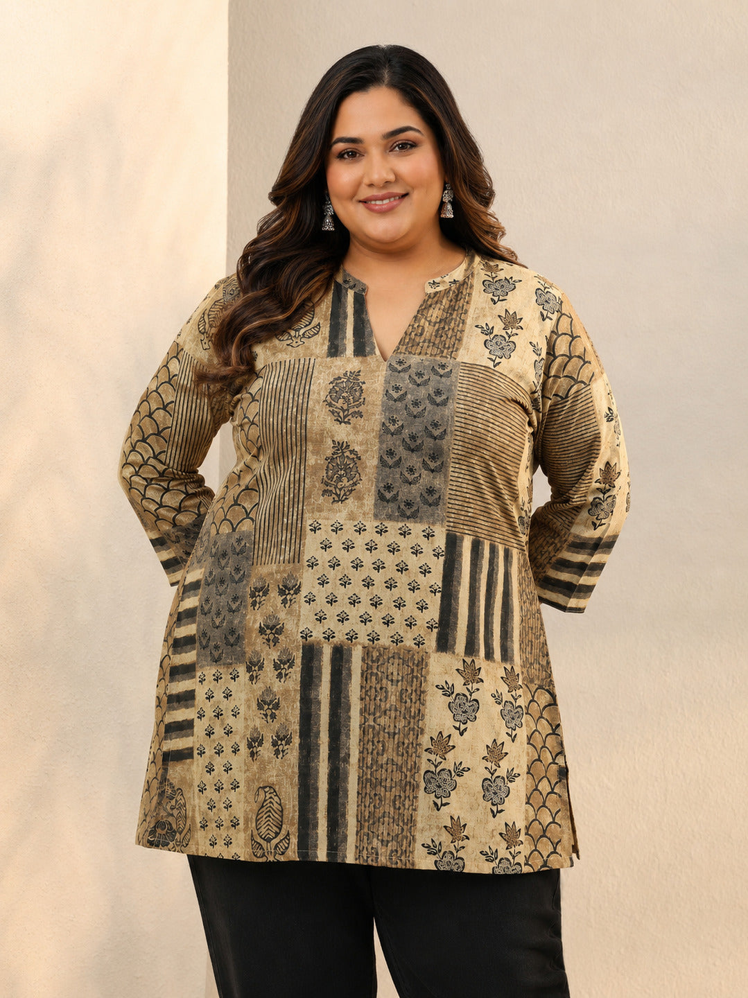 Plus Size Beige Multi Printed Silk Blend Straight Short Kurti