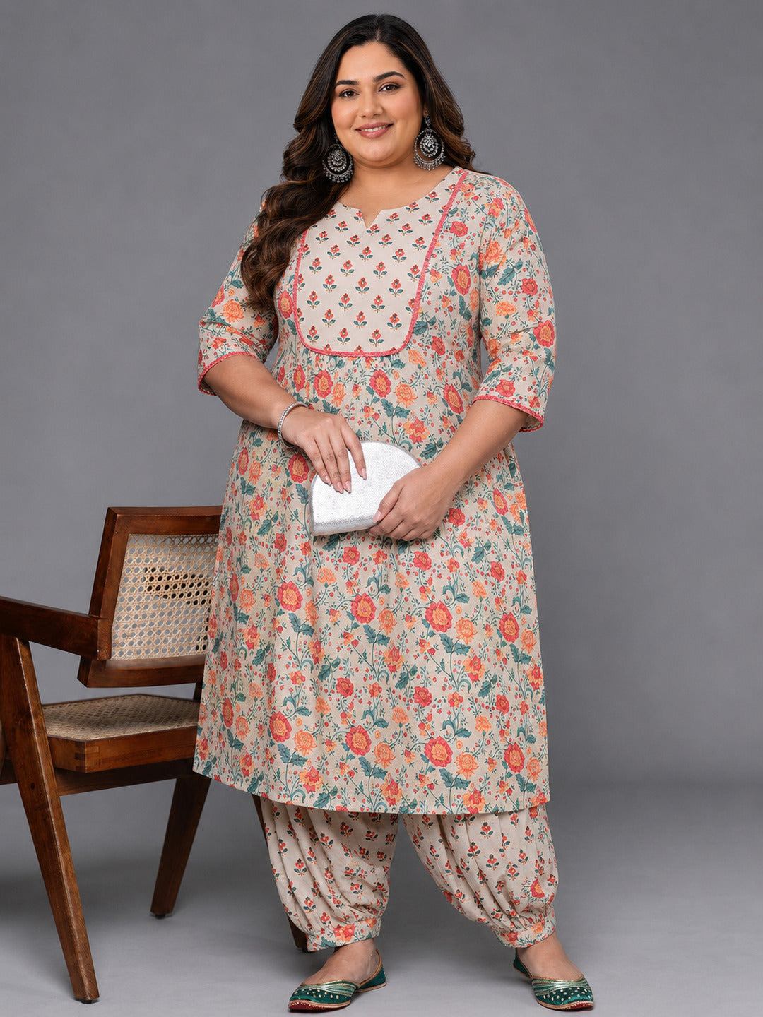 Plus Size Beige Printed Cotton Straight Kurta Set