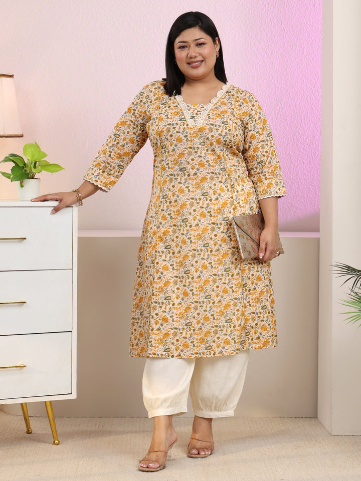 Plus Size Beige floral printed panelled a-line kurta with pocket