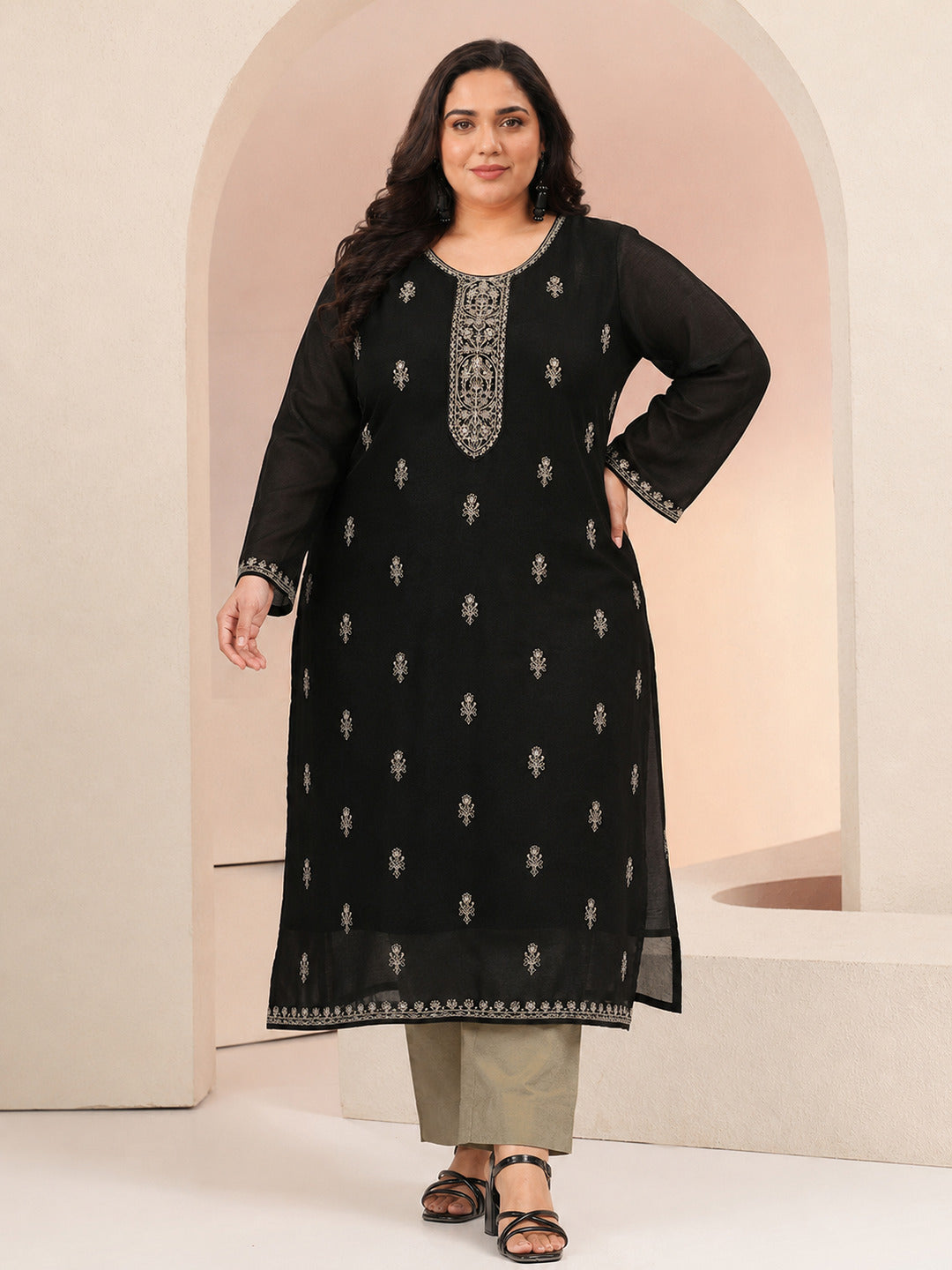 Plus Size Black Ethnic Embroidered Silk Blend Straight Kurta