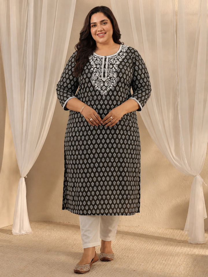 Plus Size Black Ethnic Motif Printed Cotton Straight Kurta