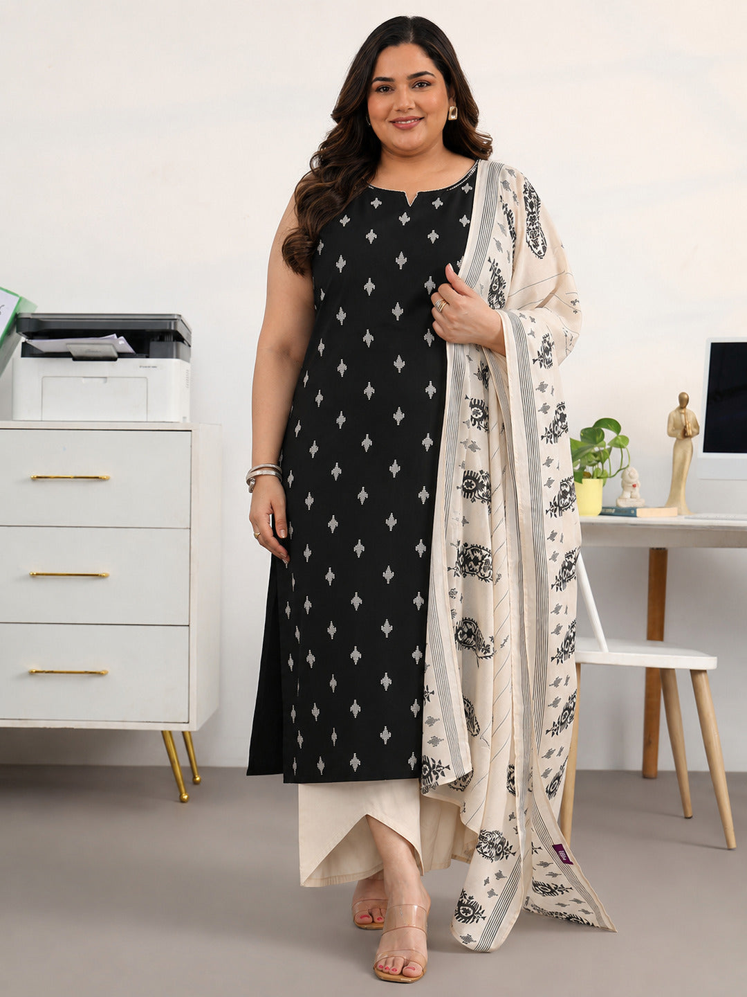Plus Size Black Ethnic Motifs Printed Cotton Blend Straight Suit Set With Dupatta