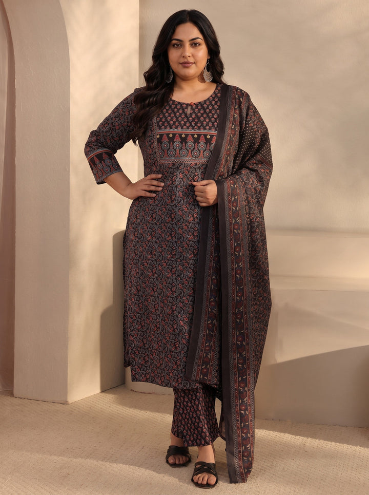 Plus Size Black Floral Printed Cotton Straight Suits Set With Dupatta