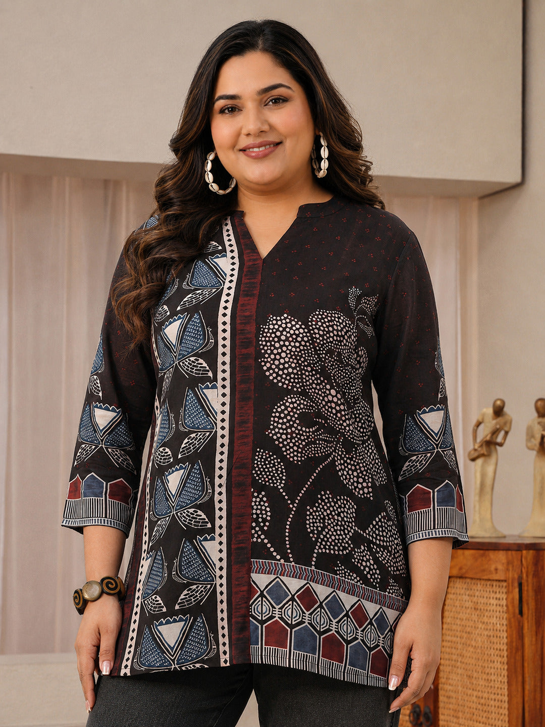 Plus Size Black Floral Printed Silk Blend Straight Short Kurti
