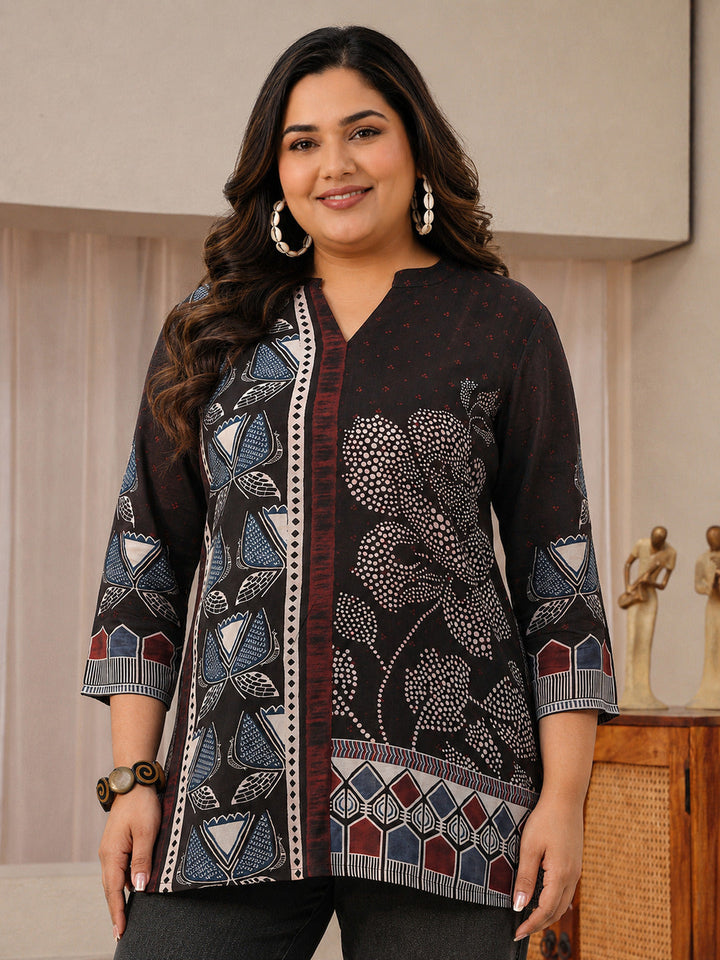Plus Size Black Floral Printed Silk Blend Straight Short Kurti