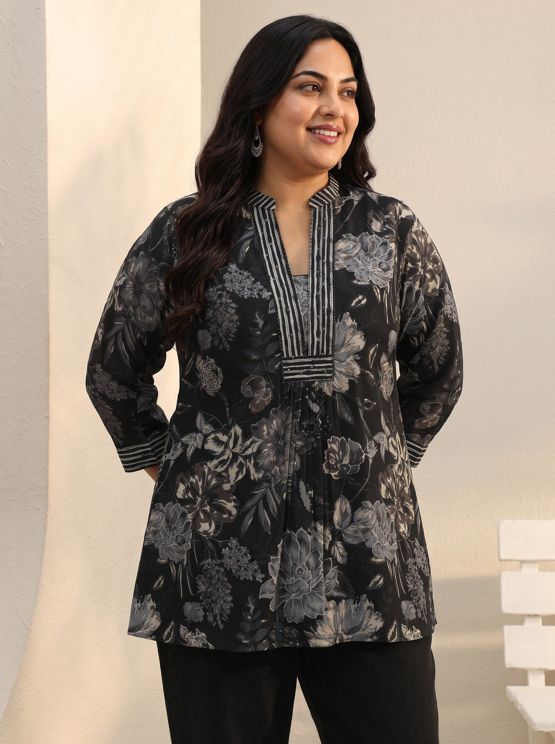 Plus Size Black Floral Printed Silk Blend Straight Short Kurti
