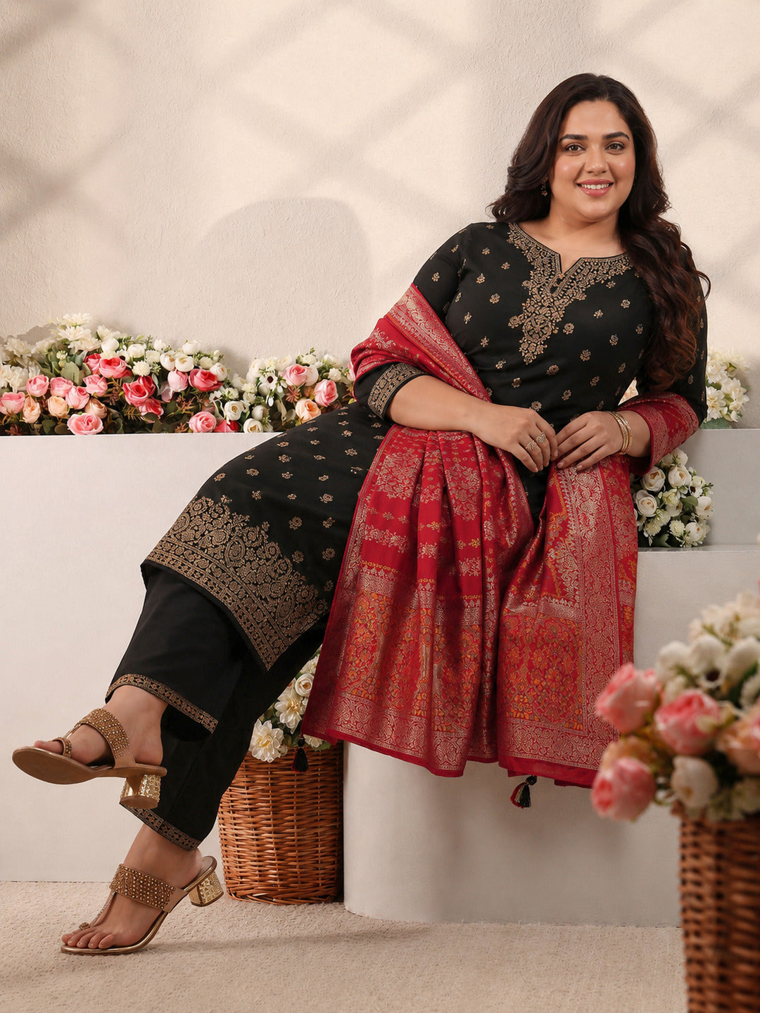 Plus Size Black Floral Woven Design Silk Blend Straight Suit Set With Dupatta