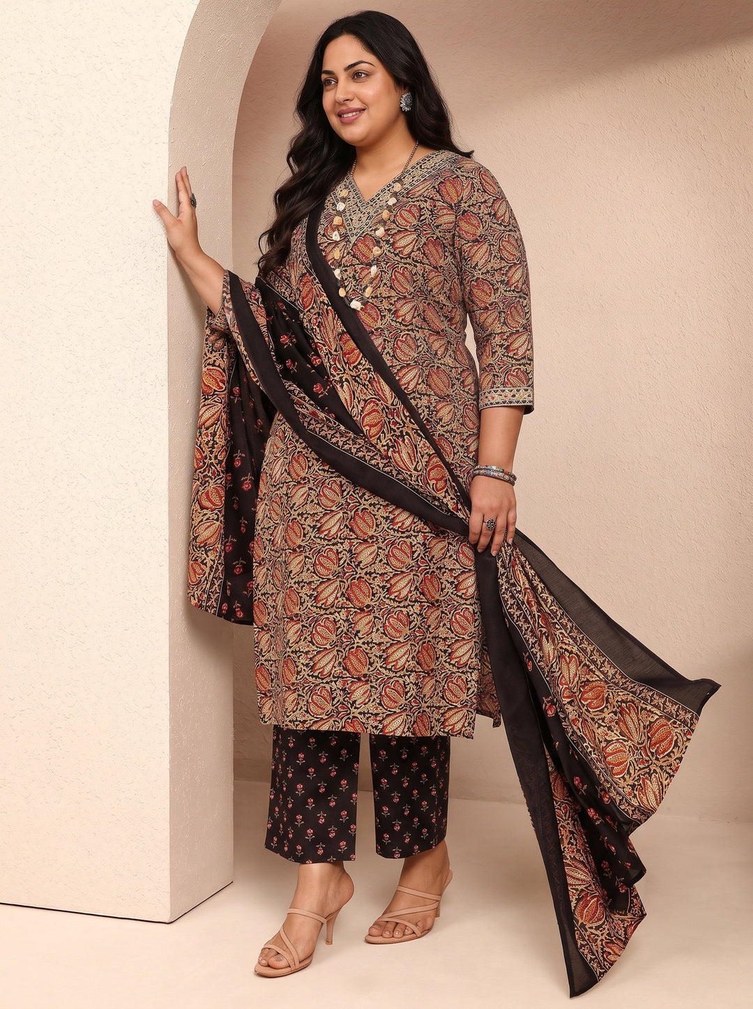 Plus Size Black Printed Cotton Blend Straight Suit Set With Dupatta