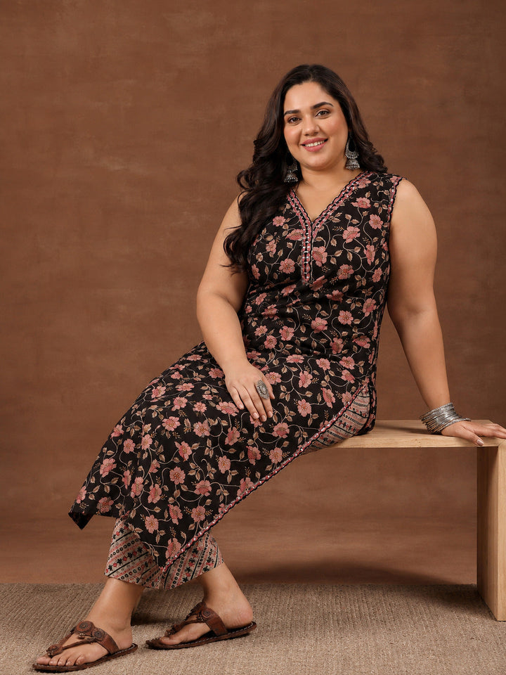 Plus Size Black Printed Cotton Straight Kurta Set