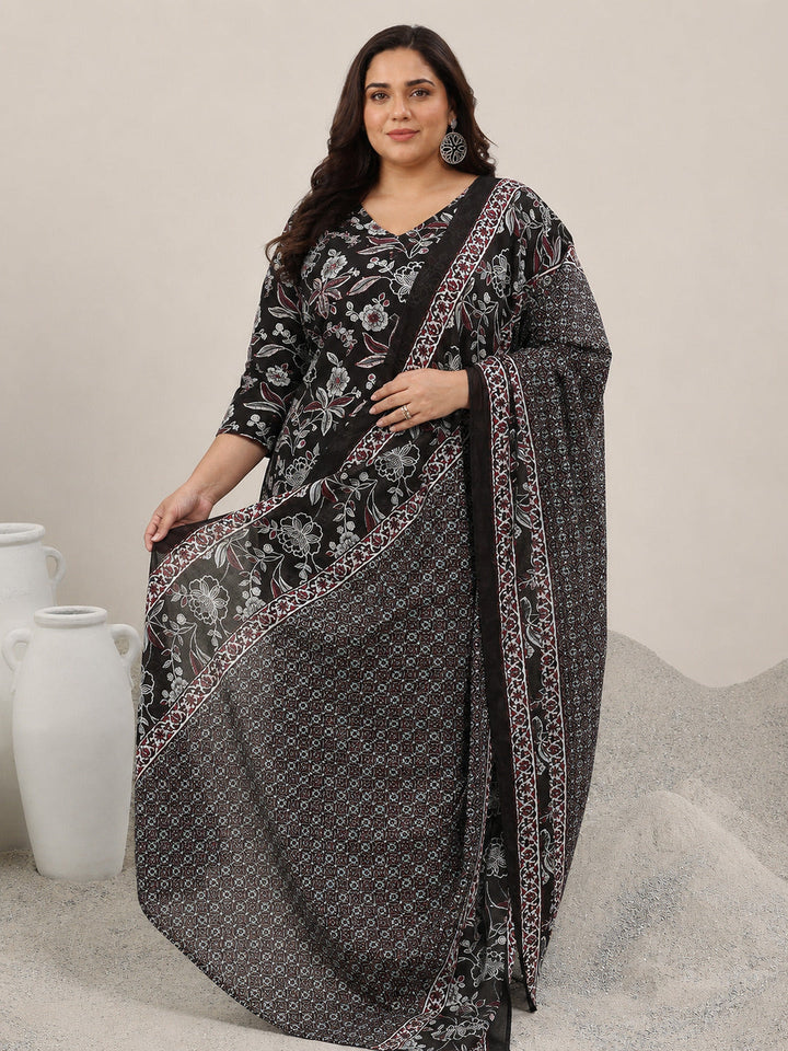 Plus Size Black Printed Cotton Straight Suit With Dupatta